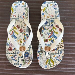 Tory Burch Cream Floral Logo Flip Flop Sandals